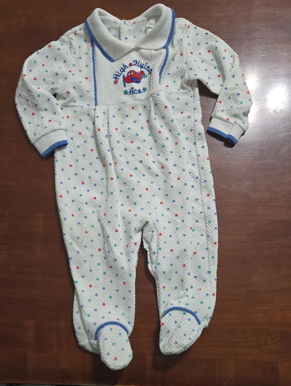 Vintage White Polka Dot Baby One-Piece with Blue Trim